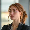 Portrait of a young woman with red hair tied back, wearing a dark blazer and neutral expression.